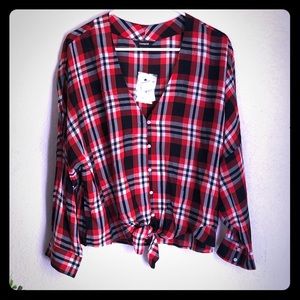 Express plaid tie hem top
